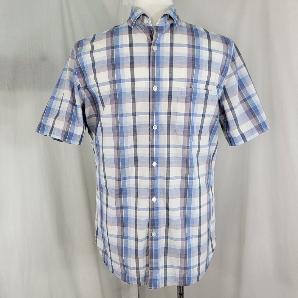 Alfani Blue Gray Plaid SHIRT Mens Size L Button Up Short Sleeve Pocket Cotton